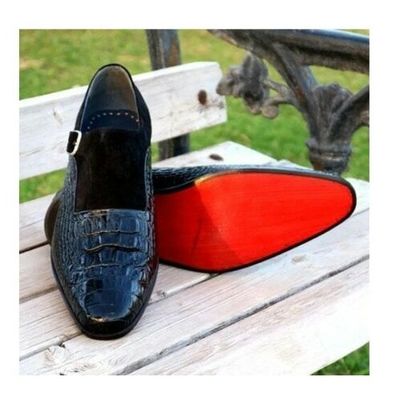 Handmade Men's Monk Strap Leather Suede Crocodile Texture Dress Shoes
