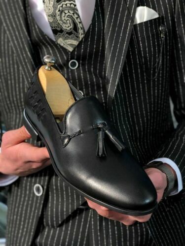 Handmade Men's Round Toe Tassels Moccasin Dress Shoes, Real Leather Shoes