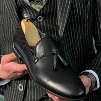 Handmade Men's Round Toe Tassels Moccasin Dress Shoes, Real Leather Shoes - Thumbnail 4