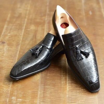 Handmade men's crocodile texture tassels dress shoes, real leather office shoes