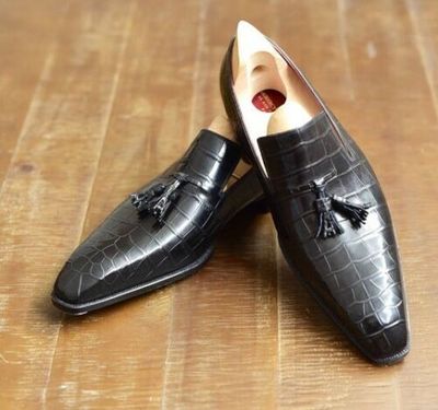 Handmade Men's Crocodile Texture Tassels Dress Shoes, Real Leather Office Shoes