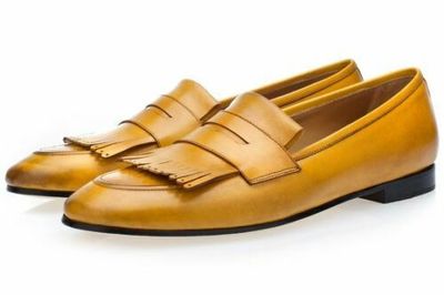 Handmade Men's Yellow Fringes Loafer Cap Toe Dress Shoes, Real Leather Shoes