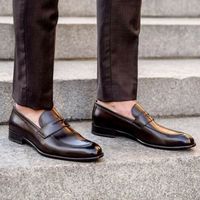 Handmade Men's Brown Round Toe Formal Slip On Dress Shoes, Real Leather Shoes - Thumbnail 1