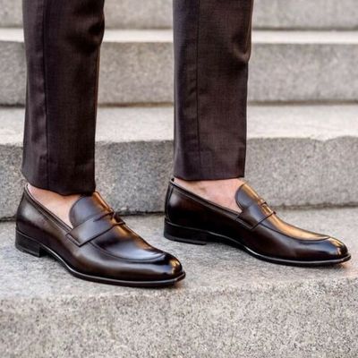 Handmade men's brown round toe formal slip on dress shoes, real leather shoes