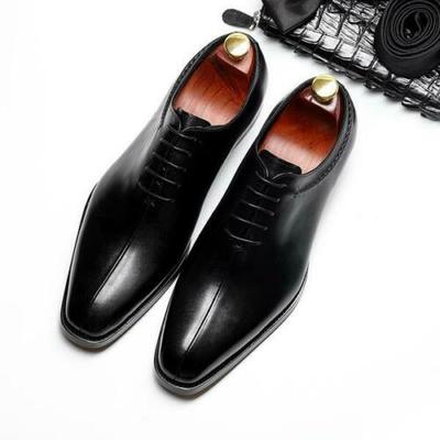 Handmade men's black square toe formal lace up dress shoes, real leather shoes