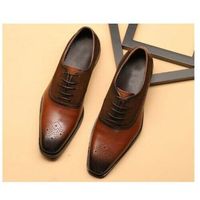 Handmade Brown Men's Brogue Lace Up Square Toe Dress Shoes, Real Leather Shoes - Thumbnail 4
