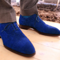 New handmade men stylish oxford blue suede lace up casual dress shoes - Thumbnail 1