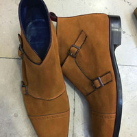 New Style Men Brown Suede Custom Double Monk Strap Handmade Dress Boot - Thumbnail 1