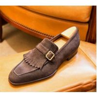 Handmade Men's Fringes, Monk Strap Dress Shoes, Real Suede Office Shoes - Thumbnail 1