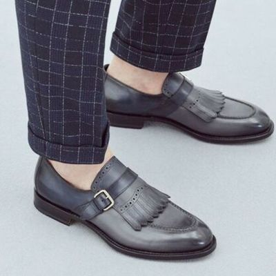 Handmade men's fringes monk strap brogue dress shoes, real leather office shoes