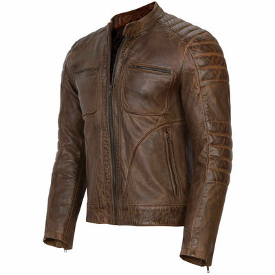 Mens Brown Leather Motorcycle Vintage Distressed Slim Fit Biker Jacket