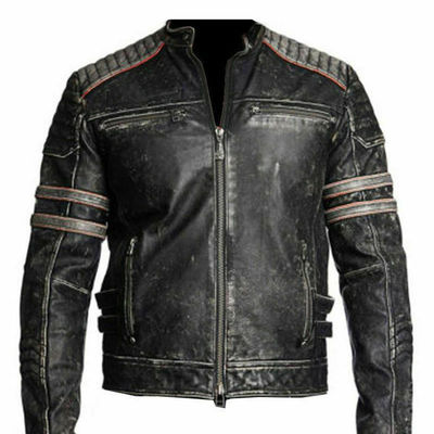 Mens vintage motorcycle cafe racer biker black real leather jacket retro