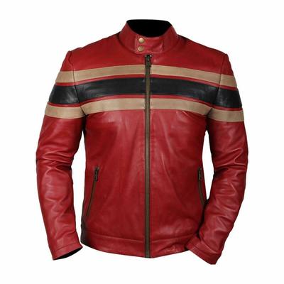 Mens Cafe Racer Retro Striped Vintage Motorcycle Red Biker Leather Jacket