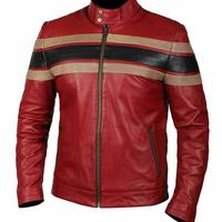 Mens Cafe Racer Retro Striped Vintage Motorcycle Red Biker Leather Jacket - Thumbnail 1