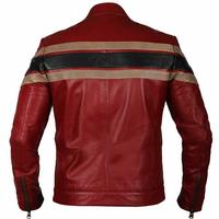 Mens Cafe Racer Retro Striped Vintage Motorcycle Red Biker Leather Jacket - Thumbnail 2