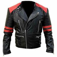 Men Brando Style Red and Black Leather Jacket - Thumbnail 1