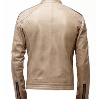 Mens Brown Stripped Beige Biker Leather Jacket - Thumbnail 1