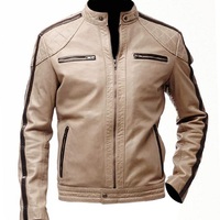 Mens Brown Stripped Beige Biker Leather Jacket - Thumbnail 3