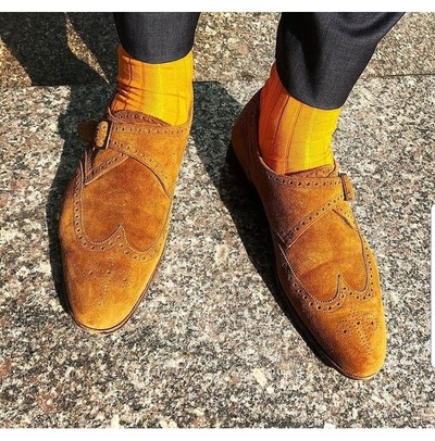 Handmade Men's Wing Tip Brogue Monk Strap Dress Shoe, Real Suede Shoes