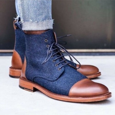 Handmade blue denim and brown leather ankle boots for men, ankle boots - Thumbnail 3