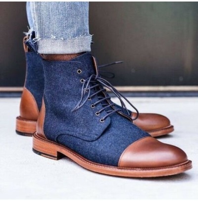 Handmade Blue Denim and Brown Leather Ankle Boots For Men, Ankle Boots