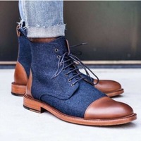 Handmade Blue Denim and Brown Leather Ankle Boots For Men, Ankle Boots - Thumbnail 1