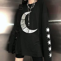 Gothic Crescent Moon Sun Print Black T-shirt - Thumbnail 1