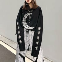 Gothic Crescent Moon Sun Print Black T-shirt - Thumbnail 3