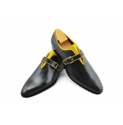 Handmade Men's Black Formal Monk Strap Cap Toe Dress Shoes, Real Leather