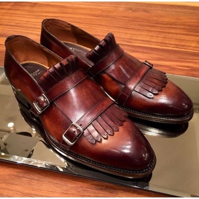 Handmade men double monk strap fringes cap toe dress shoes, real leather