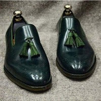 Handmade Men's Brogue Tassels Moccasins Dress Shoes, Real Leather Shoes - Thumbnail 4
