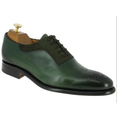 Handmade Men Suede Shoes, Brogue Toe Dark Green Leather Shoe, Dress Shoes