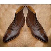 Handmade Men Wing Tip Brogue Ankle Boot Brown Leather Boots Lace Up - Thumbnail 1
