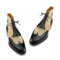 Men's Ankle Boot's, Wingtip Genuine Leather Boots, Denim Boots, Black Beige - Thumbnail 1