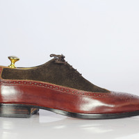 Handmade Brown Leather Suede Wing Tip Shoes Stylish Lace Up Shoes For Men's - Thumbnail 3