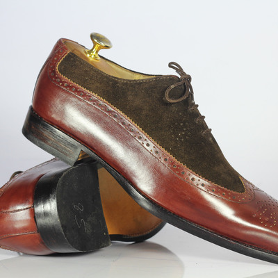 Handmade brown leather suede wing tip shoes stylish lace up shoes for men's - Thumbnail 4