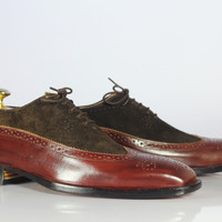 Handmade Brown Leather Suede Wing Tip Shoes Stylish Lace Up Shoes For Men's - Thumbnail 1