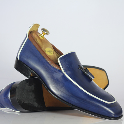 Handmade blue tussles leather loafers shoes stylish shoes for men's - Thumbnail 4