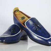 Handmade Blue Tussles Leather Loafers Shoes Stylish Shoes For Men's - Thumbnail 1