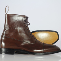 Handmade Men's Brown Ankle High Boot, Men's Leather Cap Toe Lace Up Boot - Thumbnail 2