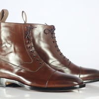 Handmade Men's Brown Ankle High Boot, Men's Leather Cap Toe Lace Up Boot - Thumbnail 1