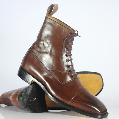 Handmade men's brown ankle high boot, men's leather cap toe lace up boot - Thumbnail 4