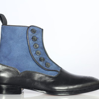 Handmade Men's Black & Blue Ankle Boot, Men's Leather Suede Button Top Boot - Thumbnail 3