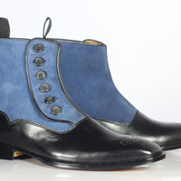 Handmade Men's Black & Blue Ankle Boot, Men's Leather Suede Button Top Boot - Thumbnail 1