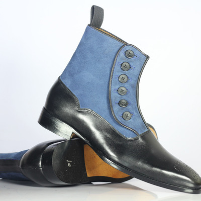 Handmade men's black & blue ankle boot, men's leather suede button top boot - Thumbnail 3