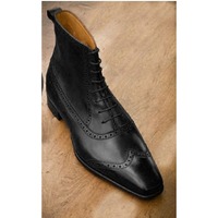 Men Wing Tip Brogue Ankle Boots Real Leather Boots Lace Up Boots - Thumbnail 1
