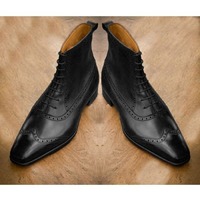 Men Wing Tip Brogue Ankle Boots Real Leather Boots Lace Up Boots - Thumbnail 3