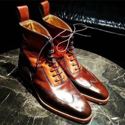 Handmade men two tone boots, brown and tan ankle boots, dress leather boot - Thumbnail 3