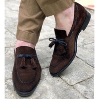 Handmade Chocolate Brown Suede Shoes, Men Tassel Moccasin Shoes, Dress - Thumbnail 4