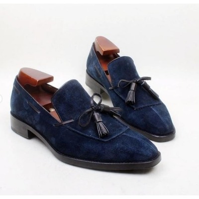 Handmade navy blue shoes men, moccasin dress shoes, leather shoes
